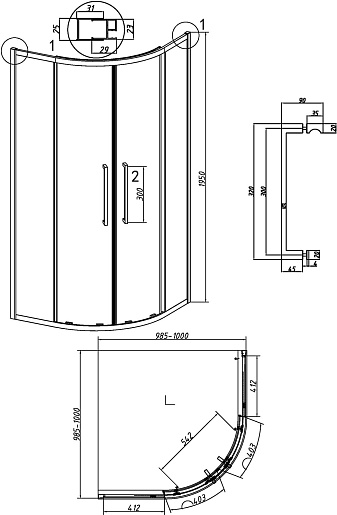 Grossman  Душевой уголок Cosmo 100x100x195 четверть круга профиль графит сатин стекло прозрачное – картинка-11